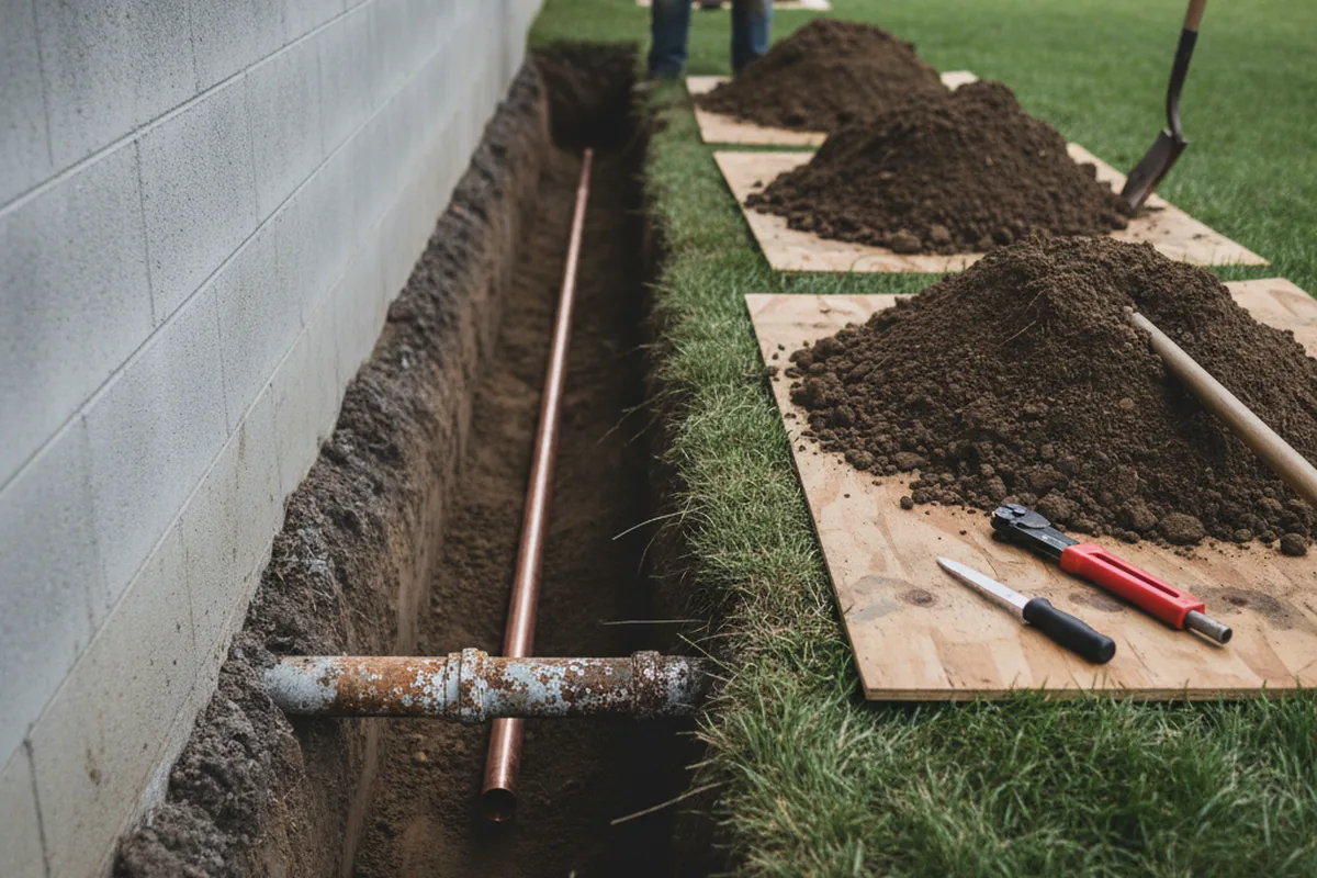 Excavated water line trench during Sewer Line Repair in East Lyme